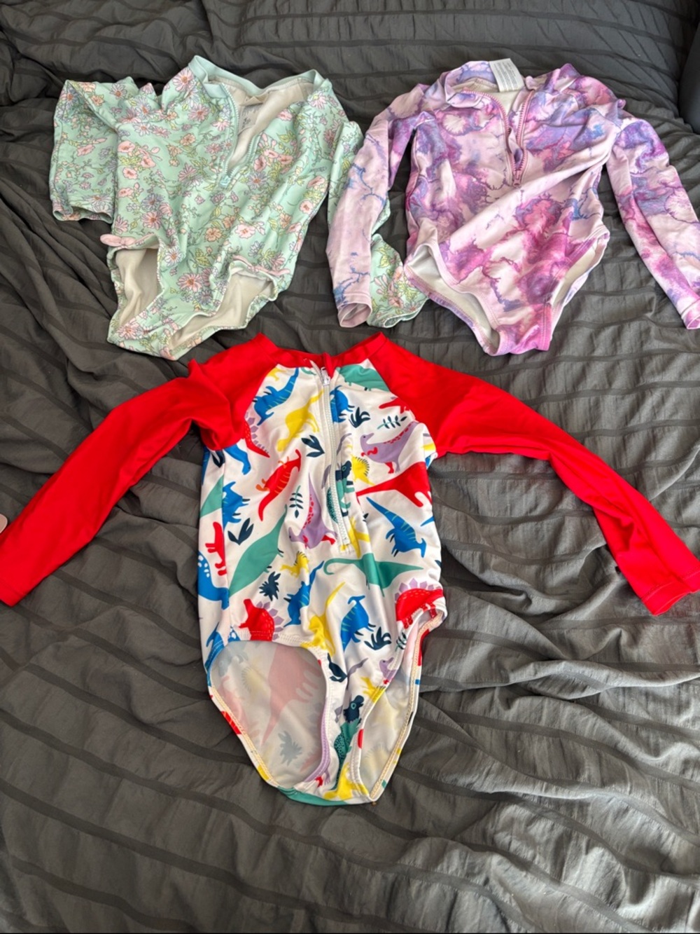 Kids Long-Sleeve One-Piece Swimsuit - Red Sleeves with Multicolor Dino Print